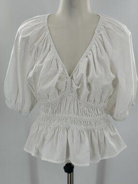 NWT Old Navy Peasant Blouse White Peplum Vneck Puffy Sleeves Boho Cotton XS